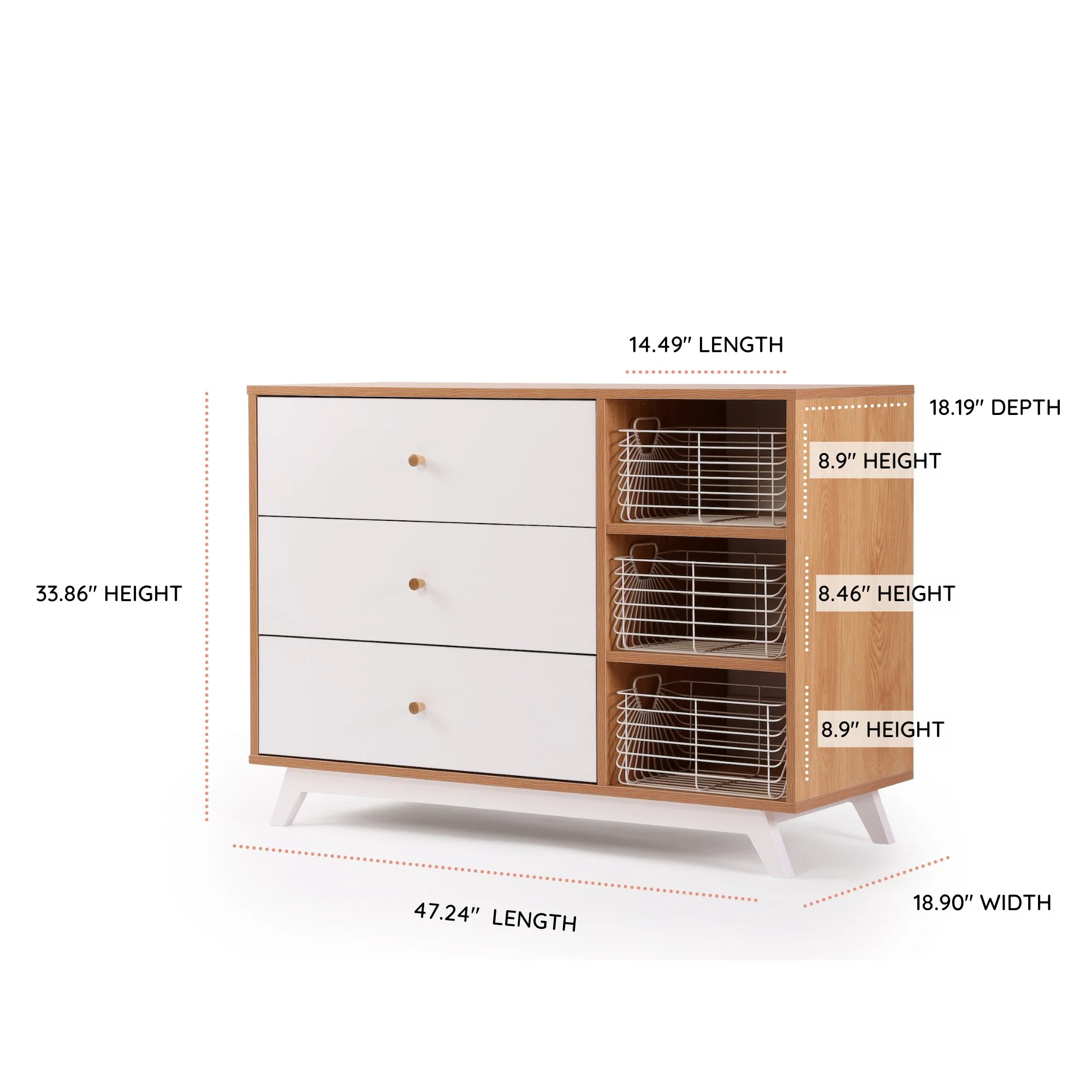 Central Park 3-Drawer, Two Shelf Nursery Dresser (White + Red Oak) - Image 11