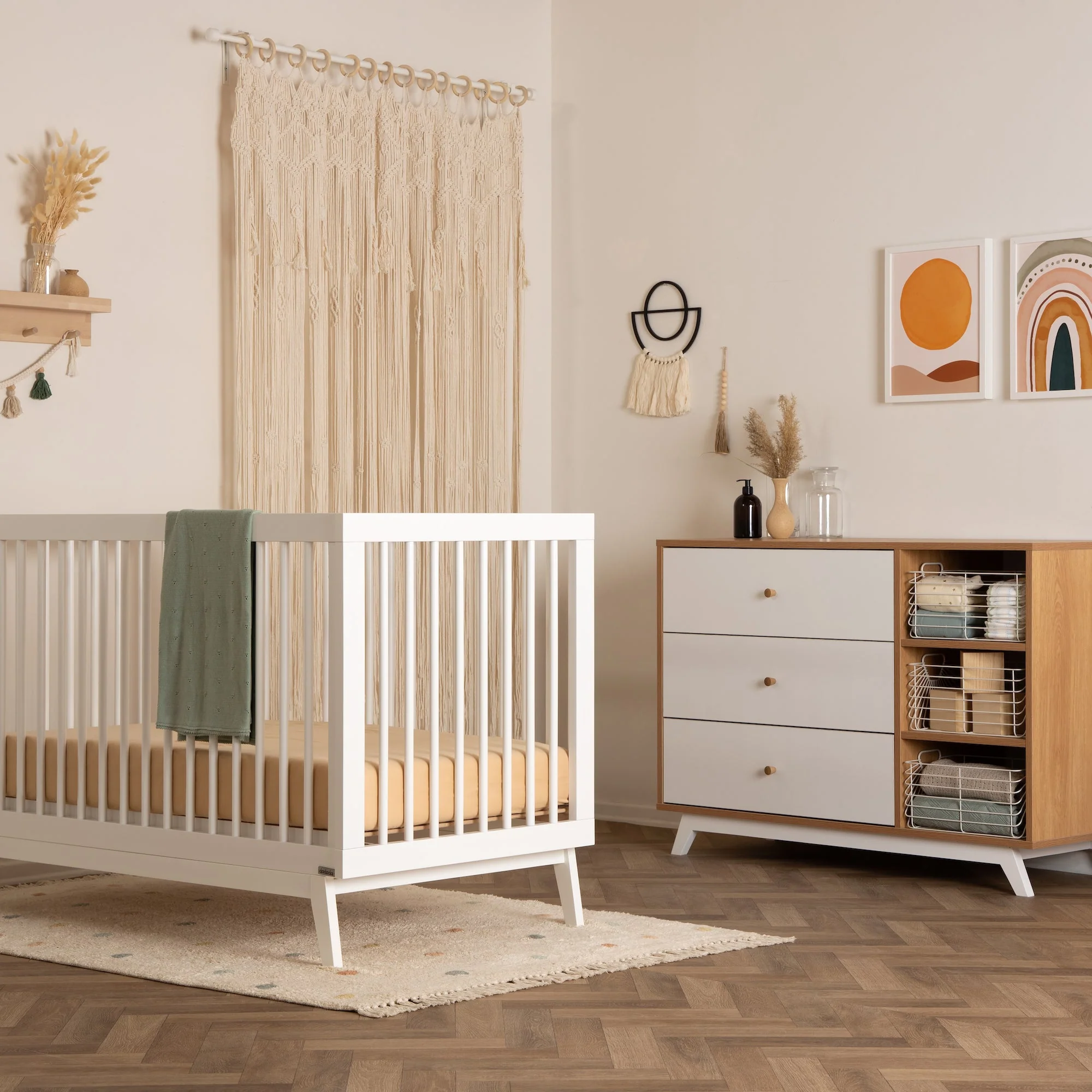 Central Park 3-Drawer, Two Shelf Nursery Dresser (White + Red Oak) - Image 3
