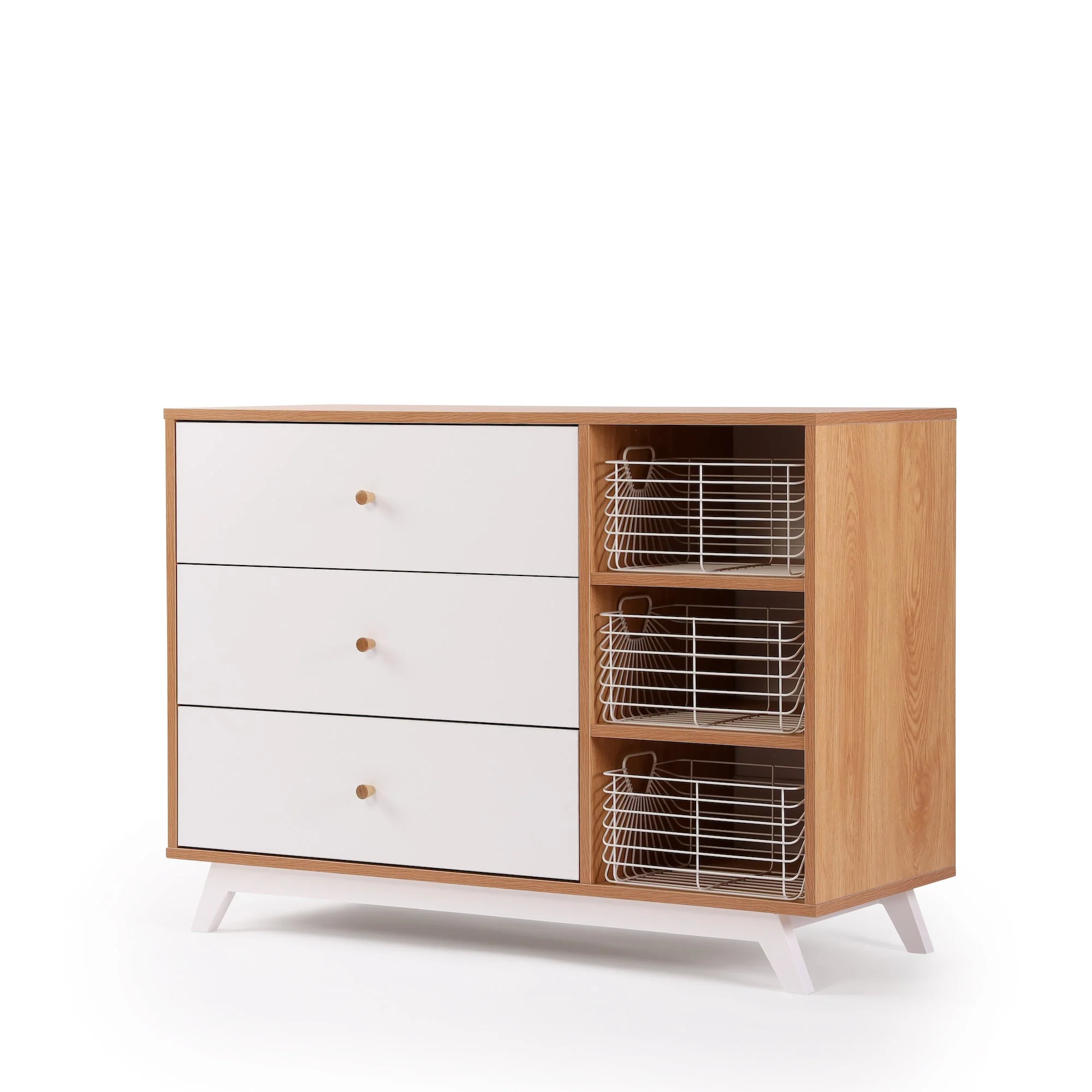 Central Park 3-Drawer, Two Shelf Nursery Dresser (White + Red Oak) - Image 4