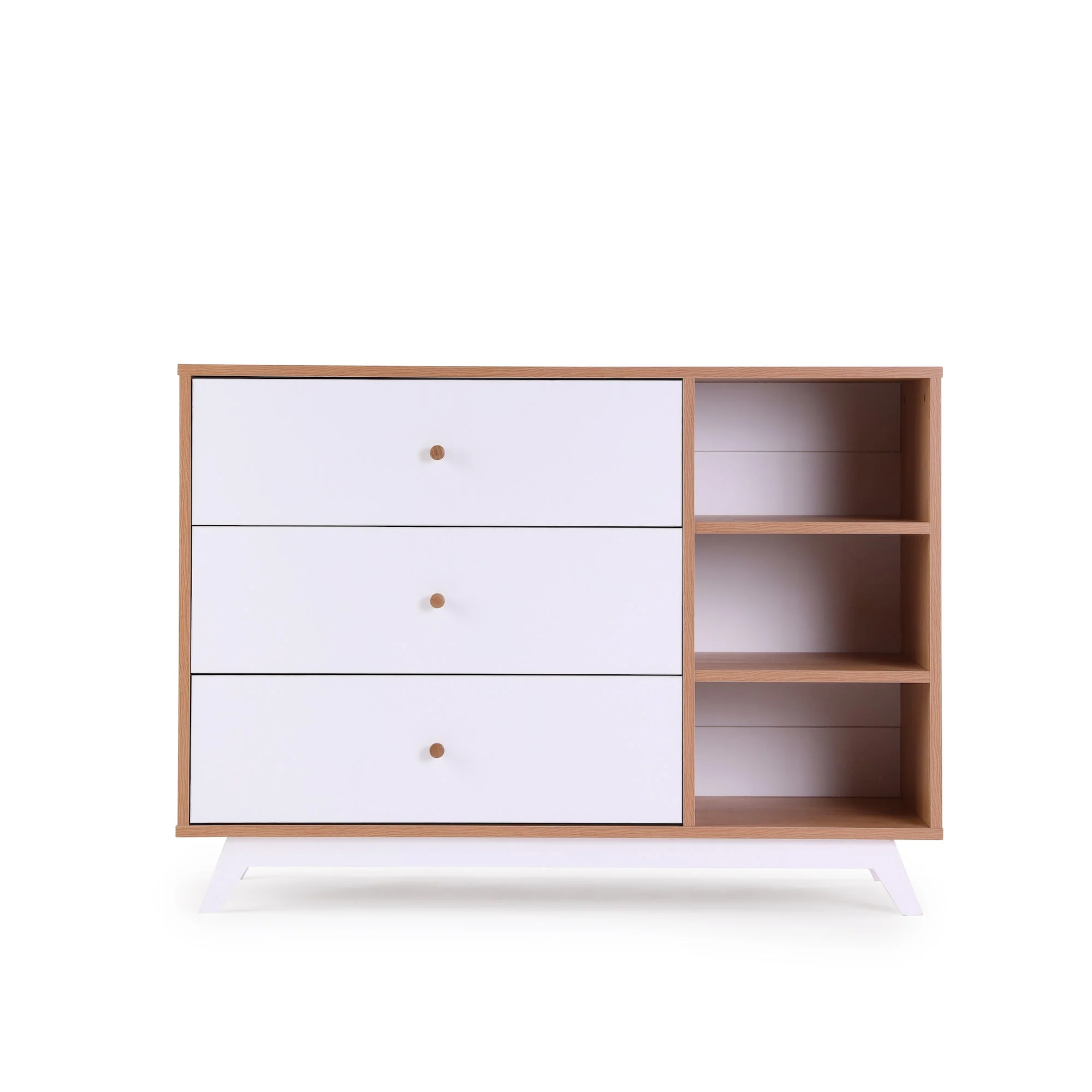 Central Park 3-Drawer, Two Shelf Nursery Dresser (White + Red Oak) - Image 5
