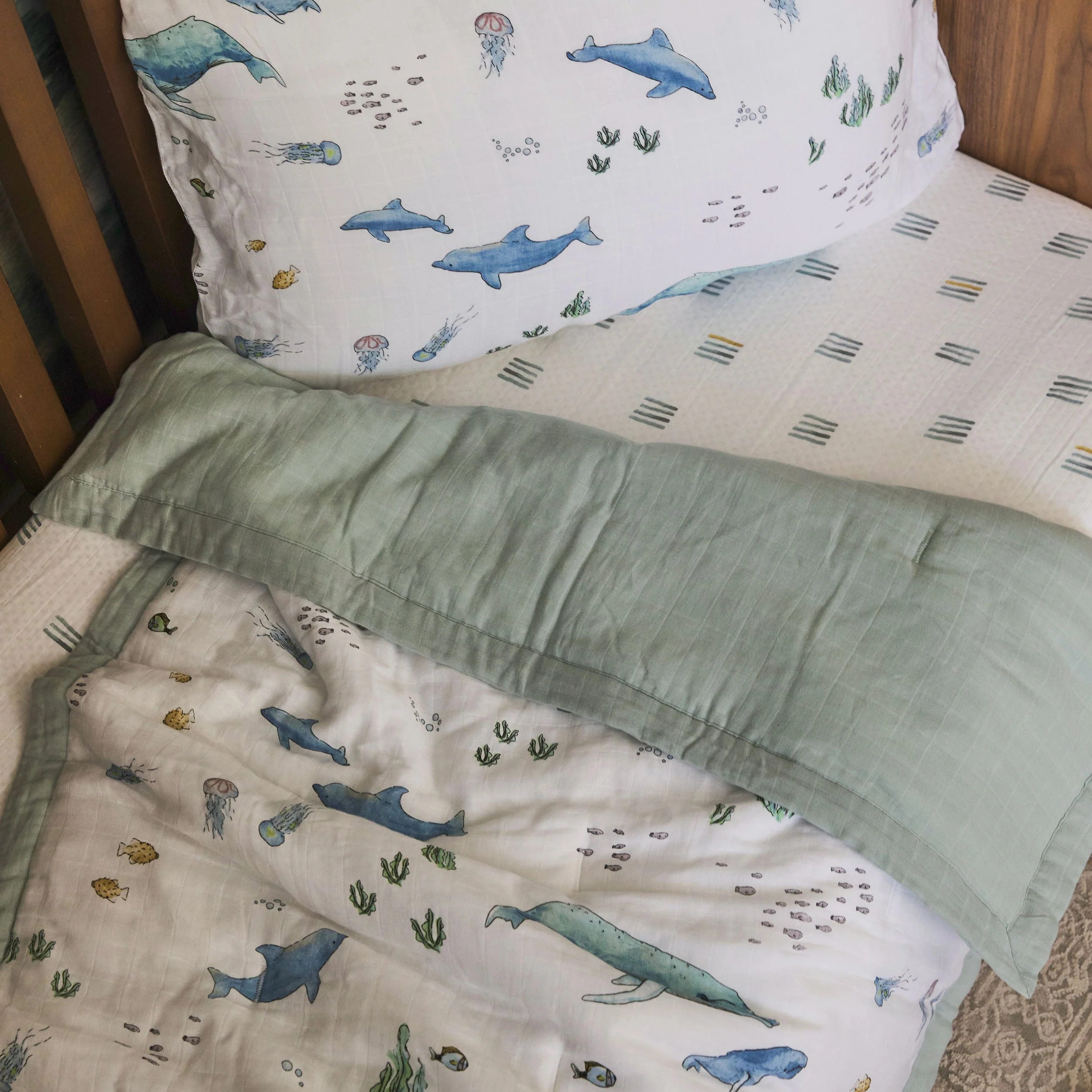 Cotton Muslin Toddler Bedding 3 Piece Set - Whales - Image 6